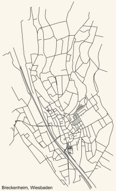 Alman bölgesel başkenti Wiesbaden, Almanya 'nın BRECKENHEIM DISTRICT kentsel yol haritasının ayrıntılı navigasyon kara hatları klasik bej arka planda
