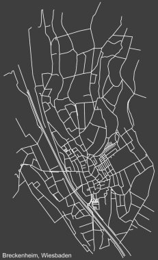 Alman bölgesel başkenti Wiesbaden, Almanya 'nın BRECKENHEIM DISTRICT' in şehir caddeleri haritasının ayrıntılı olumsuz seyrüsefer çizgileri koyu gri arka plan üzerine