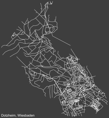 Alman bölgesel başkenti Wiesbaden, Almanya 'nın DOTZHEIM DISTRICT' in koyu gri arka plan üzerindeki şehir caddelerinin detaylı haritası
