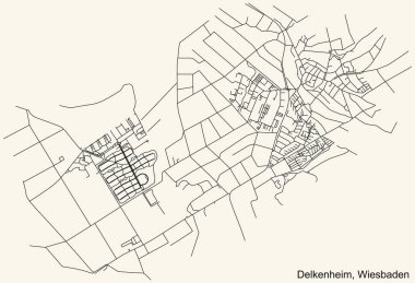 Alman bölgesel başkenti Wiesbaden, Almanya 'nın DELKENHEIM DISTRICT kentsel yol haritasının ayrıntılı navigasyon siyah hatları klasik bej arka planda