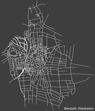 Alman bölgesel başkenti Wiesbaden, Almanya 'nın BIERSTADT DISTRICT' nin koyu gri arka plan üzerindeki şehir caddelerinin detaylı haritası