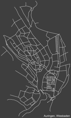 Alman bölgesel başkenti Wiesbaden, Almanya 'nın AURINGEN DISTRICT kentsel yol haritasının ayrıntılı olumsuz seyrüsefer beyaz çizgileri koyu gri arka planda