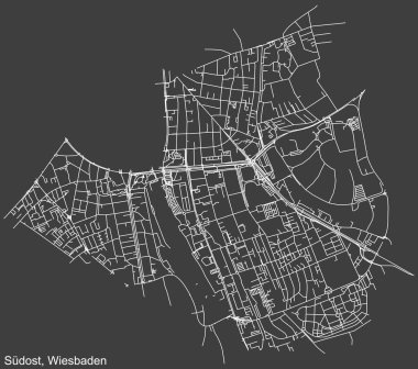 Alman bölgesel başkenti Wiesbaden, Almanya 'nın SDOST DISTRICT' nin koyu gri arkaplan üzerindeki kentsel yol haritasının ayrıntılı negatif navigasyon beyaz çizgileri