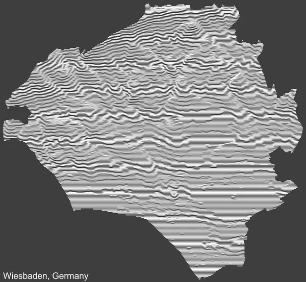 黒灰色の背景に白い輪郭線でドイツのWiesbadenの都市の地形の負の救済マップ — ストックベクタ
