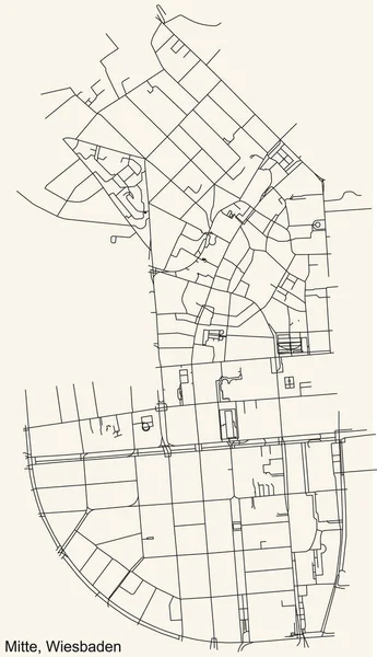Navegação Detalhada Black Lines Urban Street Roads Mapa Mitte District — Vetor de Stock