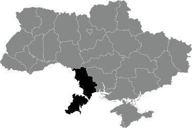 UKRAINE 'ın gri düz haritasının içindeki ODESSA OBLAST' ın Ukrayna idari bölgesinin siyah düz noktalı yer bulucu haritası