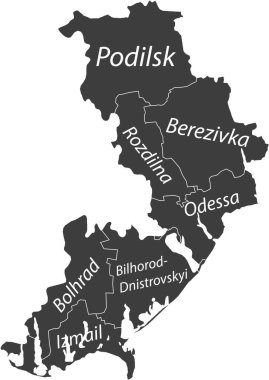 ODESSA OBLAST, UKRAINE 'ın Ukrayna idari alanının beyaz sınır çizgileri ve rayonlarının isim etiketleriyle koyu gri düz vektör haritası