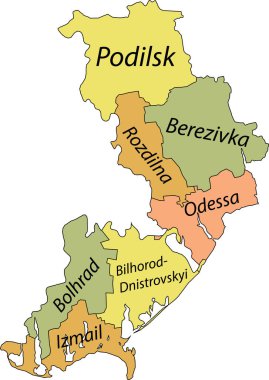 ODESSA OBLAST, UKRAINE 'ın Ukrayna idari bölgesinin siyah sınır çizgileri ve rayonlarının isim etiketleriyle raion alanlarının Pastel düz vektör haritası