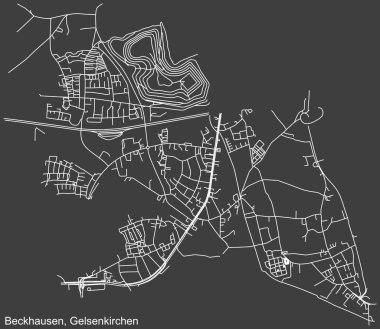 Alman bölgesel başkenti Gelsenkirchen, Almanya 'nın BECKHAUSEN DISTRICT şehir haritasının beyaz çizgileri koyu gri arka planda