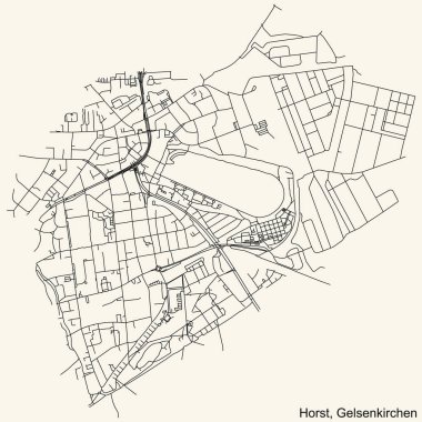 Alman bölgesel başkenti Gelsenkirchen 'in HORST DISTRICT şehir haritasının ayrıntılı navigasyon siyah hatları klasik bej arka planda