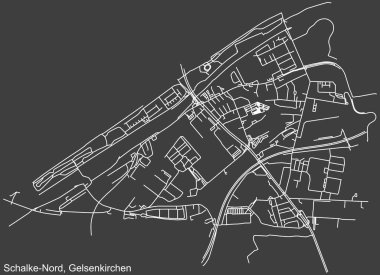 Alman bölgesel başkenti Gelsenkirchen, Almanya 'nın SCHALKE-NORD DISTRICT şehir haritasının beyaz çizgileri koyu gri arka planda