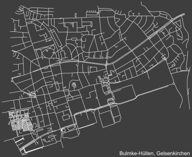Almanya 'nın bölgesel başkenti Gelsenkirchen' in BulLMKE-HLLEN DISTRICT 'inin koyu gri arka plan haritası üzerinde ayrıntılı olumsuz navigasyon beyaz çizgileri
