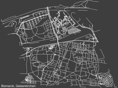 Alman bölgesel başkenti Gelsenkirchen, Almanya 'nın BISMARCK DISTRICT kentsel yol haritasının ayrıntılı olumsuz seyrüsefer beyaz çizgileri koyu gri arka planda