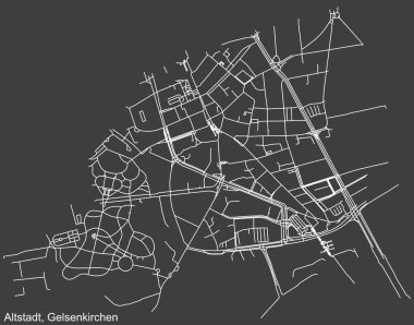 Alman bölgesel başkenti Gelsenkirchen, Almanya 'nın ALTSTADT DISTRICT' inin koyu gri arkaplan üzerindeki şehir caddelerinin detaylı haritası