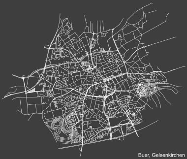 Alman bölgesel başkenti Gelsenkirchen, Almanya 'nın BÜYÜK DISTRICT' nin koyu gri arkaplan üzerindeki kentsel yol haritasının ayrıntılı negatif navigasyon beyaz çizgileri