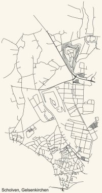 Alman bölgesel başkenti Gelsenkirchen, Almanya 'nın klasik bej arka planında yer alan SCHOLVEN DISTRICT kentsel yol haritasının ayrıntılı navigasyon siyah hatları