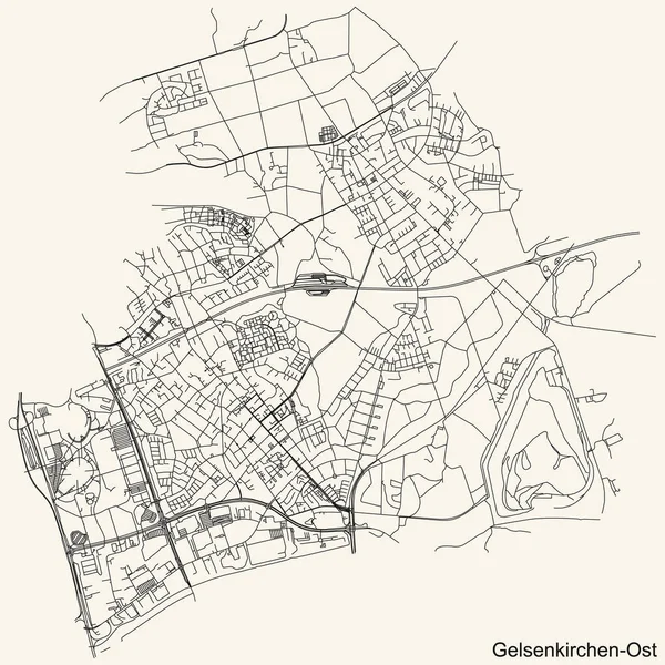 Navegação Detalhada Black Lines Urban Street Roads Mapa Gelsenkirchen Ost — Vetor de Stock