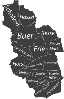 GELSENKIRCHEN 'in koyu gri düz vektör idari haritası, bölgelerinin isim etiketleri ve beyaz sınır çizgileriyle Almanya