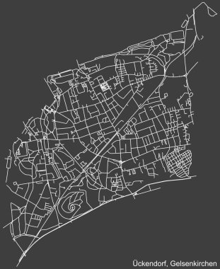 Alman bölgesel başkenti Gelsenkirchen, Almanya 'nın CKENDORF DISTRICT kentsel yol haritasının ayrıntılı olumsuz seyrüsefer beyaz çizgileri koyu gri arka planda