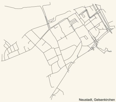 Alman bölgesel başkenti Gelsenkirchen, Almanya 'nın NEUSTADT DISTRICT kentinin klasik bej arkaplanlı kentsel yol haritasının ayrıntılı navigasyon siyah hatları