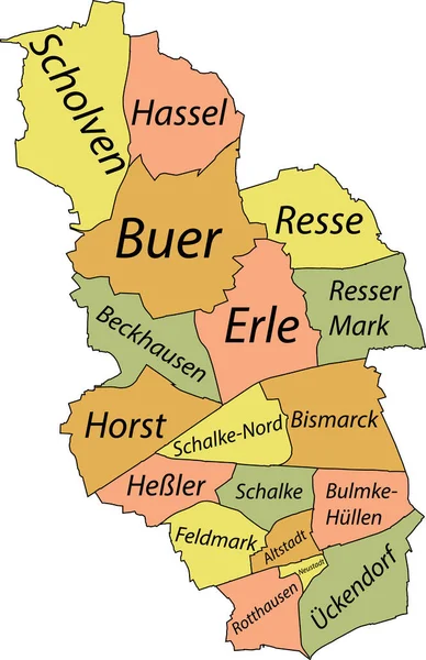 GELSENKIRCHEN 'in Pastel düz vektör idari haritası, bölgelerinin isim etiketleri ve siyah sınır çizgileriyle Almanya