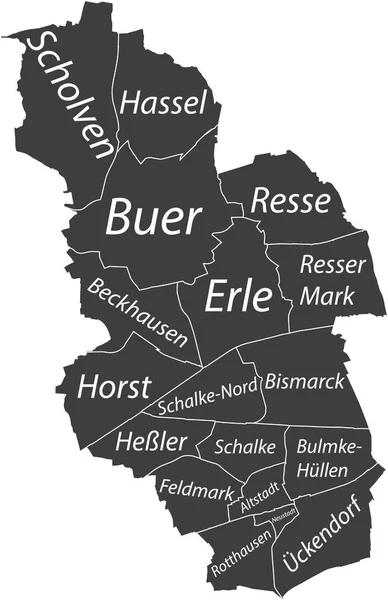 GELSENKIRCHEN 'in koyu gri düz vektör idari haritası, bölgelerinin isim etiketleri ve beyaz sınır çizgileriyle Almanya