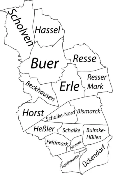 GELSENKIRCHEN 'in beyaz düz vektör idari haritası, bölgelerinin isim etiketleri ve siyah sınır çizgileriyle Almanya