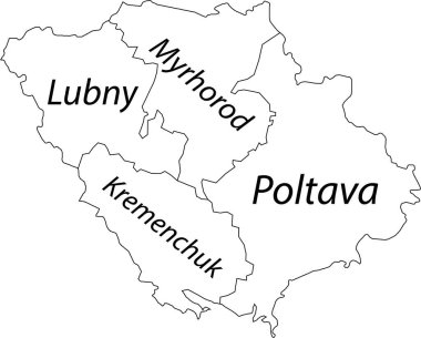 Ukrayna 'nın POLTAVA OBLAST idari alanının beyaz düz vektör haritası, siyah sınır çizgileri ve rayonlarının isim etiketleri ile UKRAINE