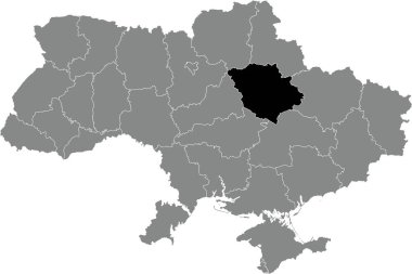 UKRAINE 'ın gri düz haritasının içindeki POLTAVA OBLAST' ın Ukrayna idari alanının siyah düz nokta işaretli yer bulucu haritası