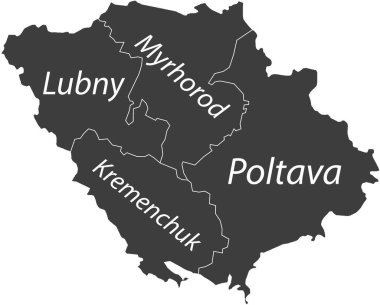 Ukrayna 'nın POLTAVA OBLAST idari bölgesinin, beyaz sınır çizgileri ve rayonlarının isim etiketleriyle koyu gri düz vektör haritası