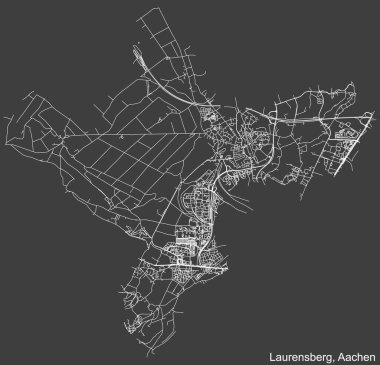 Almanya 'nın başkenti Aachen' in şehir merkezi Aachen 'in şehir haritasının beyaz yol haritası koyu gri arka planda.