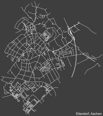 Alman bölgesel başkenti Aachen, Almanya 'nın EILENDORF DISTRICT' nin şehir caddeleri haritasının ayrıntılı olumsuz seyrüsefer beyaz çizgileri koyu gri arka planda