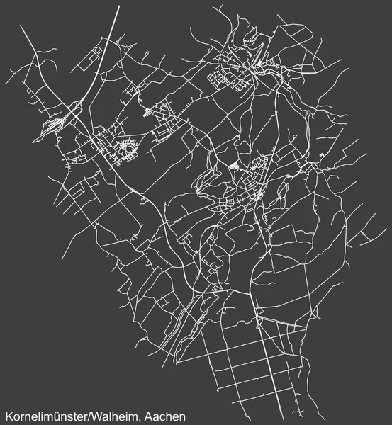 Szczegółowa Negatywna Nawigacja Białe Linie Ulice Miejskie Mapa Kornelimnster Walheim — Wektor stockowy