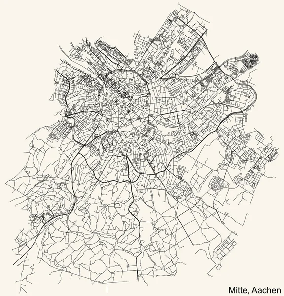 Detaillierte Navigation Schwarze Linien Stadtstraßenplan Des Aachen Mitte District Der — Stockvektor