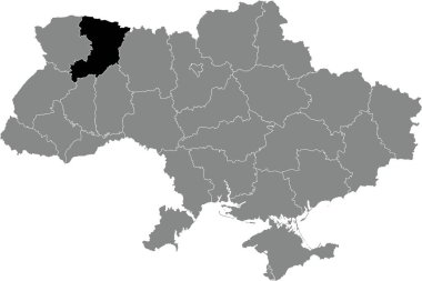 Black flat blank highlighted locator map of the Ukrainian administrative area of RIVNE OBLAST inside gray flat map of UKRAINE