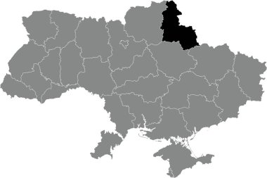 Black flat blank highlighted locator map of the Ukrainian administrative area of SUMY OBLAST inside gray flat map of UKRAINE