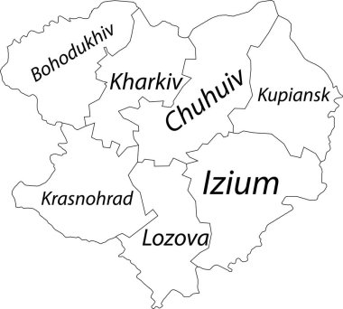 Ukrayna 'nın KHARKIV OBLAST idari bölgesinin beyaz düz vektör haritası, siyah sınır çizgileri ve iyonlarının isim etiketleriyle UKRAINE