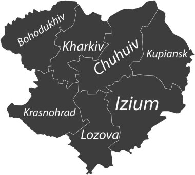 KHARKIV OBLAST, UKRAINE 'ın Ukrayna idari alanının beyaz sınır çizgileri ve rayonlarının isim etiketleriyle koyu gri düz vektör haritası