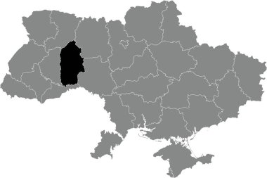 KHMELNYTSKYI OBLAST 'ın UKRAINE' ın gri düz haritasının Ukrayna idari alanının siyah düz çizili yer bulucu haritası