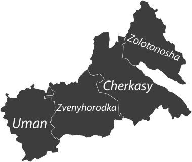 Ukrayna 'nın CHERKASY OBLAST idari alanının koyu gri düz vektör haritası, UKRAINE beyaz sınır çizgileri ve rayonlarının isim etiketleri