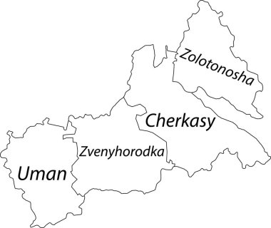 Ukrayna 'nın ChERKASY OBLAST idari alanının beyaz düz vektör haritası, siyah sınır çizgileri ve iyonlarının isim etiketleriyle UKRAINE