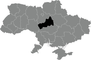 Black flat blank highlighted locator map of the Ukrainian administrative area of CHERKASY OBLAST inside gray flat map of UKRAINE
