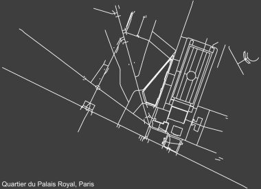 Fransa 'nın başkenti Paris' teki PALAIS-ROYAL QuARTER 'ın şehir yolu haritası koyu gri arka planda.