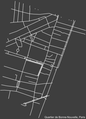 Fransa 'nın başkenti Paris' in BONNE-NOUVELLE QuARTER 'ının koyu gri arka planında yer alan şehir caddelerinin detaylı haritası.