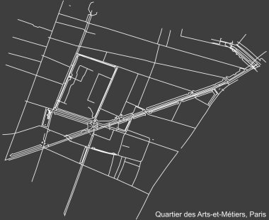 Fransa 'nın başkenti Paris' in Koyu gri arka planında yer alan ARTS-ET-MTIERS QuARTER bölgesinin şehir yolu haritası.