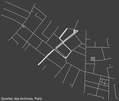 Fransa 'nın başkenti Paris' teki ARCHIVES QuARTER 'ın şehir haritası koyu gri arka planda.