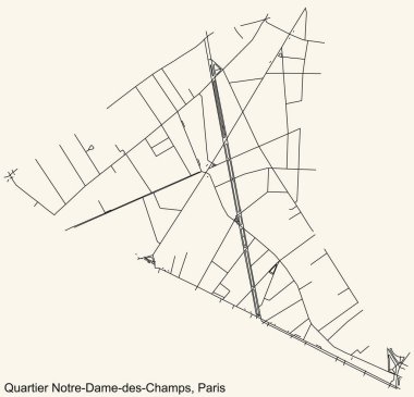 Fransa 'nın başkenti Paris' teki NOTRE-DAME-DES-CHAMPS QuARTER 'ın klasik bej arka plan üzerinde detaylı navigasyon kara hatları şehir yolları haritası