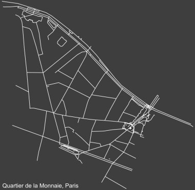 Fransa 'nın başkenti Paris' in MonNAIE QuARTER 'ının şehir yolları haritası koyu gri arka planda.