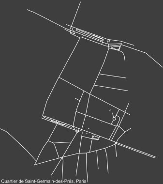 Fransa 'nın başkenti Paris' in SaINT-GERMAIN-DES-PRS QuARTER 'ının koyu gri arka planda yer alan şehir caddelerinin detaylı haritası.