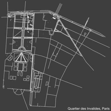 Fransa 'nın başkenti Paris' teki LES INVALIDES QuARTER 'ın şehir yolu haritası koyu gri arka planda.